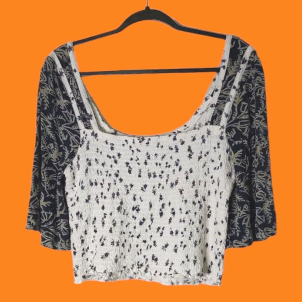 Free People Size XL Marigold Mix Print Smocked stretched Crop Top White Navy